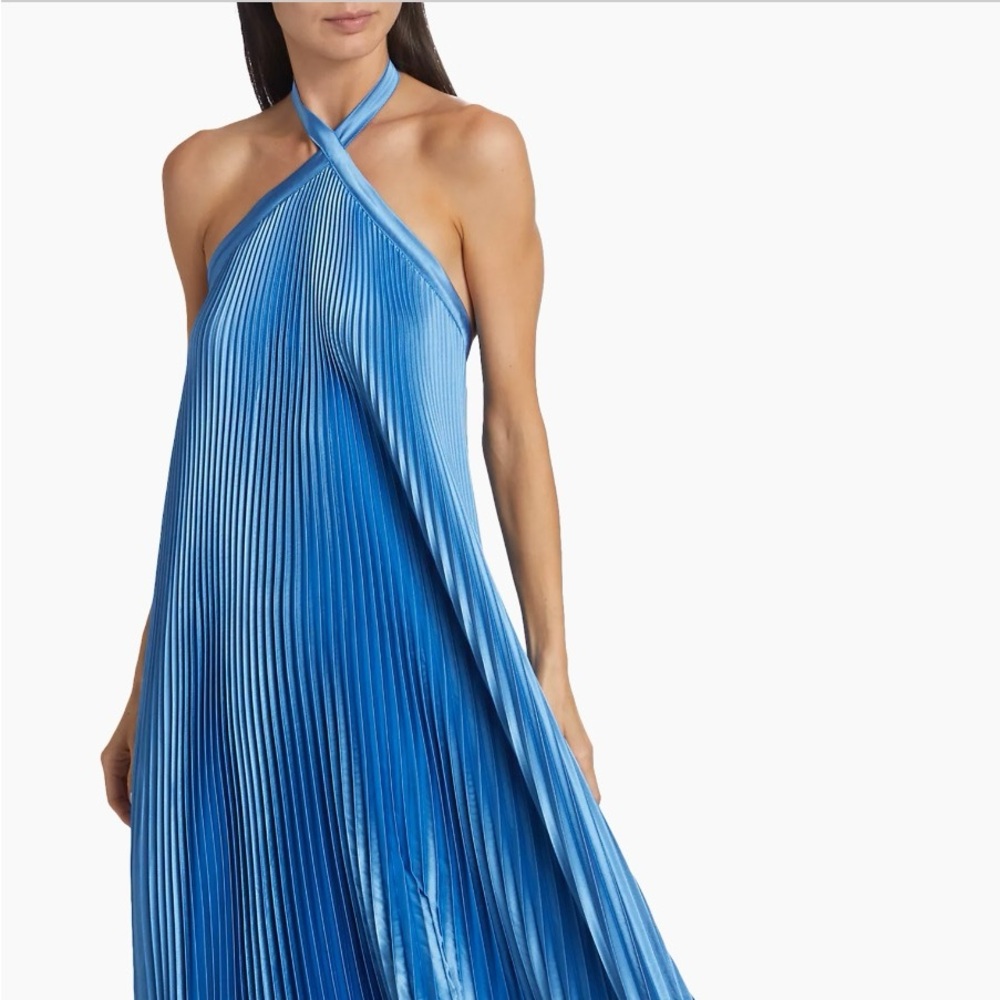 L’Idée pleated asymmetric halter gown in mediterranean blue